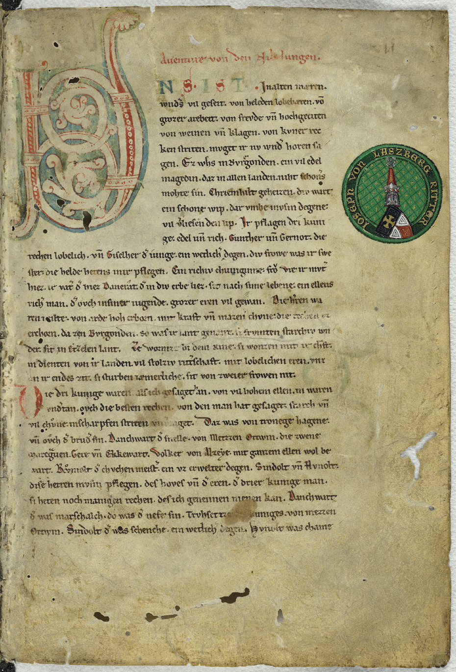 Blatt 1r der Handschrift C des "Nibelungenliedes" (2. Viertel des 13. Jh.)