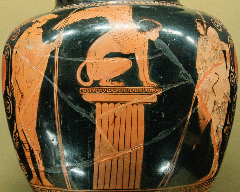 Ödipus (rechts), Sphinx und Hermes um 440 v. Chr. (Rotfigurige Stamnos aus Attika, Louvre in Paris)