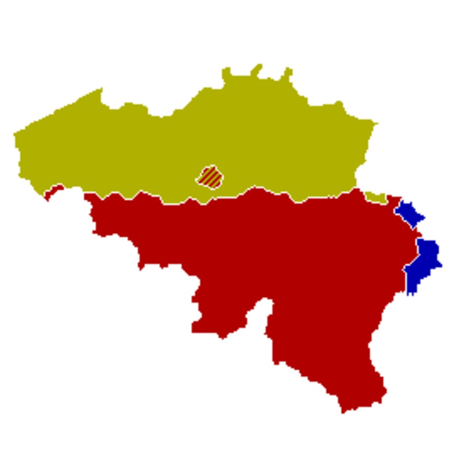 Die Sprachsituation in Belgien: Niederländisch (gelb), Französisch (rot) und Deutsch (blau)