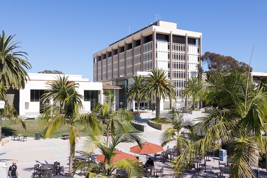 West entrance to the UC Santa Barbara Library, showing Mountain (left) and Ocean (right) sides of the library