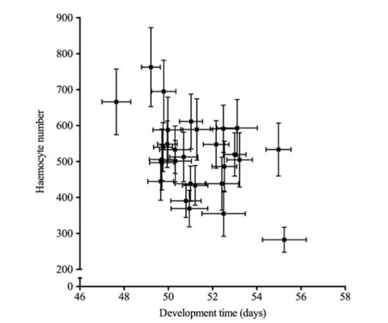 Anzahl an Hämozyten bei der Mittelmeer-Feldgrille in Abhängigkeit von der Entwicklungszeit (Tage)
Quelle: K Hammerschmidt, P Deines, AJ Wilson and J Rolff 2012: Quantitative genetics of immunity and life history under different photoperiods. Heredity 108, 569–576