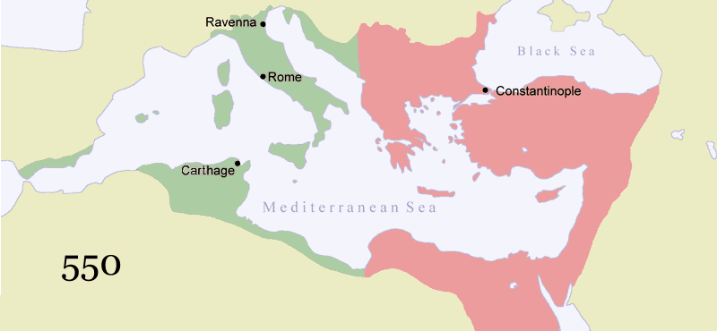 Die territoriale Entwicklung des byzantinischen Reiches im Laufe der Jahrhunderte.