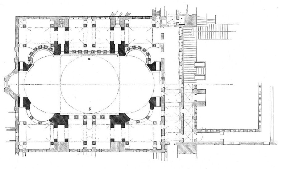 Grundriss der Hagia Sophia. In der unteren Bildhälfte ist der Grundriss des Erdgeschosses, in der oberen der der zweiten Ebene abgebildet.