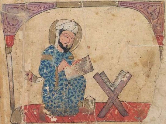 Burzoe schreibt das Buch Kalīla wa-Dimna, Bayerische Staatsbibliothek München, Cod.arab. 616, fol. 23v.