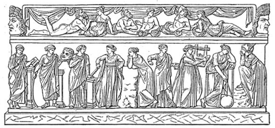 Die neun Musen, von links nach rechts: Klio, Thalia, Erato, Euterpe, Polyhymnia, Kalliope, Terpsichore, Urania und Melpomene. Zeichnung nach einem Sarkophag im Louvre.