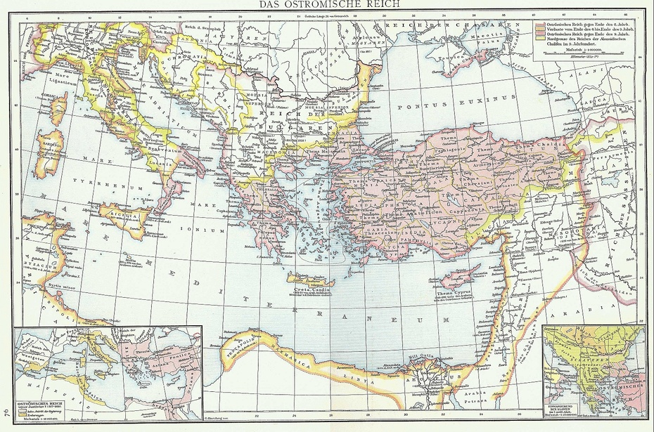 Karte des Byzantinischen (Oströmischen) Reiches aus G. Droysens Allgemeiner Historischer Handatlas, Verlag Velhagen und Klasing 1886