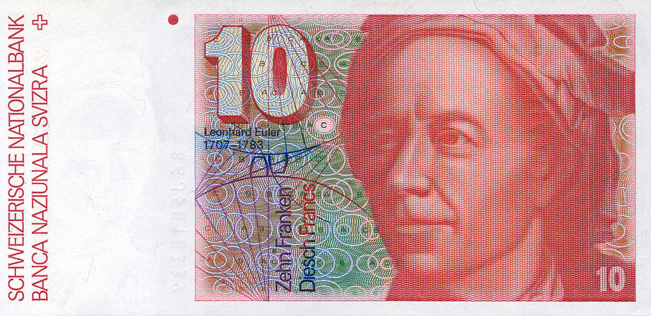 Die Vorderseite der Zehn-Franken-Banknote zeigt ein Portraitbild Leonhard Eulers.
