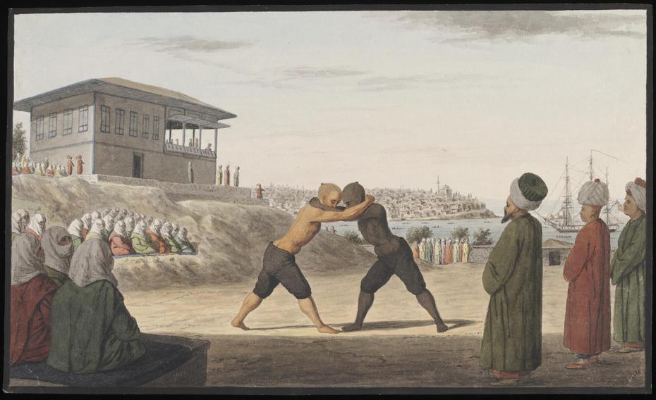 Das Gemälde eines anonymen griechischen Künstlers zeigt einen Wettkampf im Ölringen (Yağlı güreş) im Palastgarten des osmanischen Sultans, ca. 1809, Istanbul
