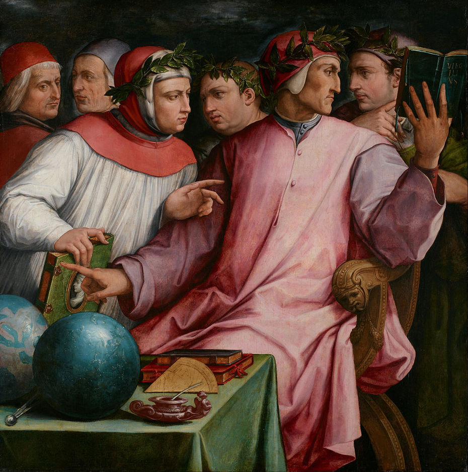 Gruppenbild sechs toskanischer Dichter (Dante, umgeben von Petrarca, Boccaccio, Guido Cavalcanti, Marsilio Ficino und Cristofano Landino) geschaffen im Jahre 1544 von Giorgio Vasari (1511—1574)