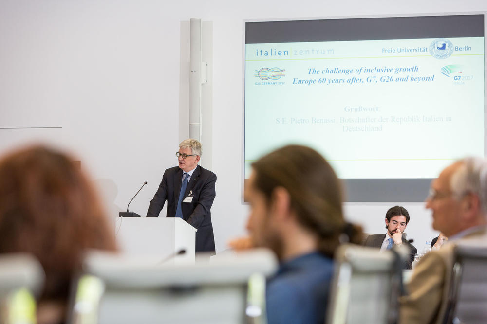 S.E. Pietro Benassi eröffnet das Italienzentrum Workshop "The challenge of inclusive growth: Europe 60 years after, G7, G20, and beyond" im Mai 2017
