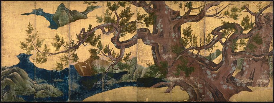 Kanō Eitoku, Zypressenbaum (ca. 1590), Tusch auf Papier mit Blattgold, Tokyo National Museum