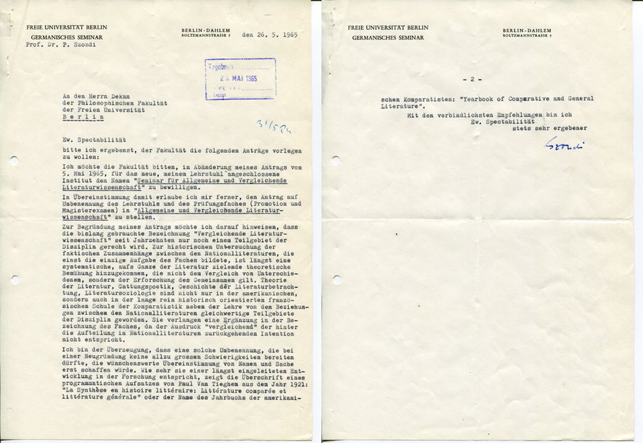 Peter Szondi: Brief an den Dekan vom 26. Mai 1965. Ein Gründungsdokument des Seminars für Allgemeine und Vergleichende Literaturwissenschaft
Quelle: FU-Archiv: FU UA, R 730