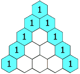 Konstruktion des Pascalschen Dreiecks, jede Ziffer ist die Summe der beiden darüberliegenden Zahlen.