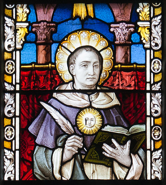 Thomas v. Aquin auf einem Bleiglasfenster der SS Peter and Paul's Church in Clonmel (Irland)