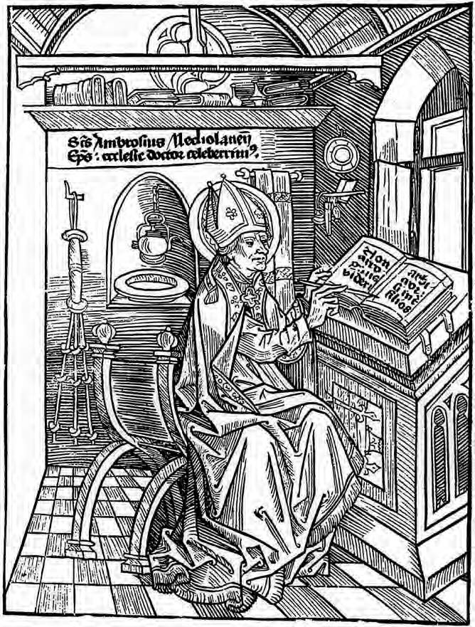 Der Hl. Ambrosius in seiner Studierstube. Anonymer Holzschnitt aus einer Ausgabe seiner Werke (Basel 1492)