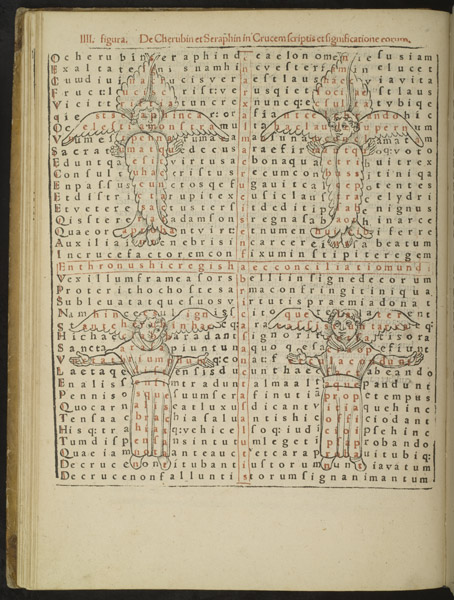 Figurengedicht über Seraphim und Cherubim aus "De laudibus sanctae crucis" von Hrabanus Maurus (9. Jh.). Die roten Buchstaben im Kreuz in der Mitte und in den Engeln ergeben eigene Verse.