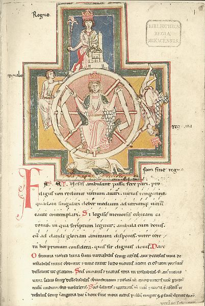 Das Rad der Fortuna. Illustration zu den Carmina Burana (Codex Buranus f. 1r)