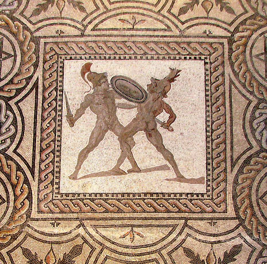 Zwei Gladiatoren auf einem Mosaik aus dem 2. Jh. n. Chr., gefunden in Reims