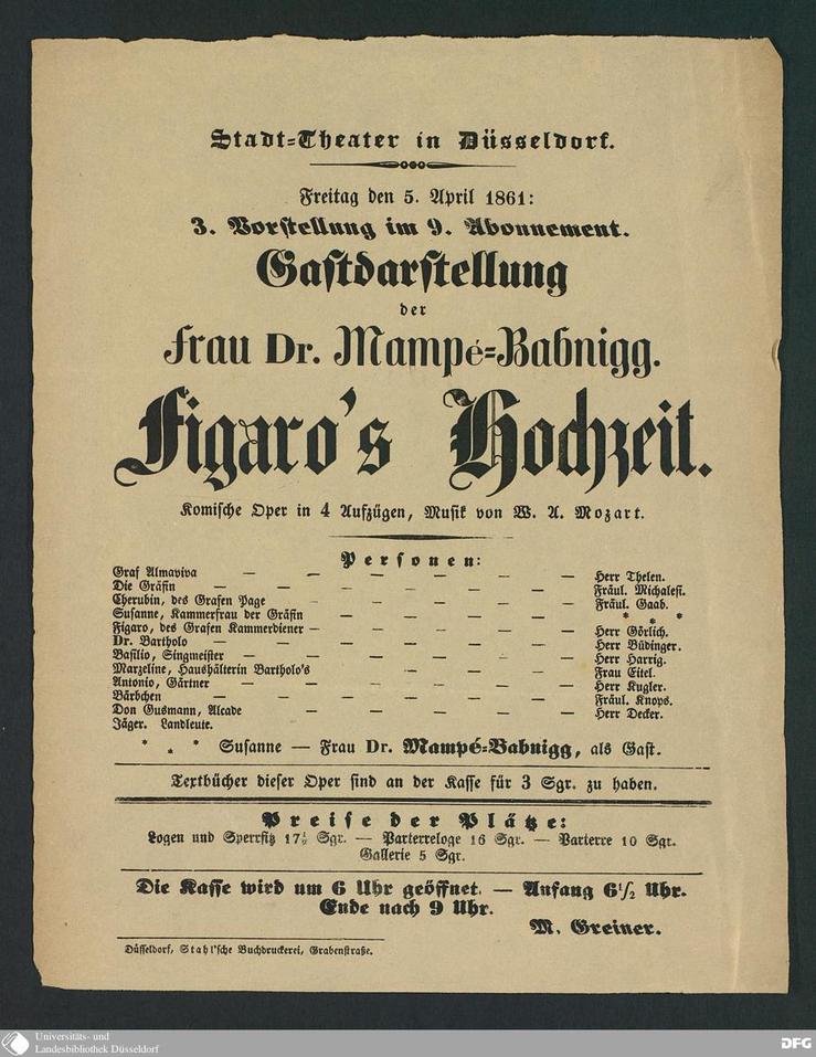 Theaterzettel des Stadttheaters Düsseldorf zu einer Vorstellung vom 5. April 1861